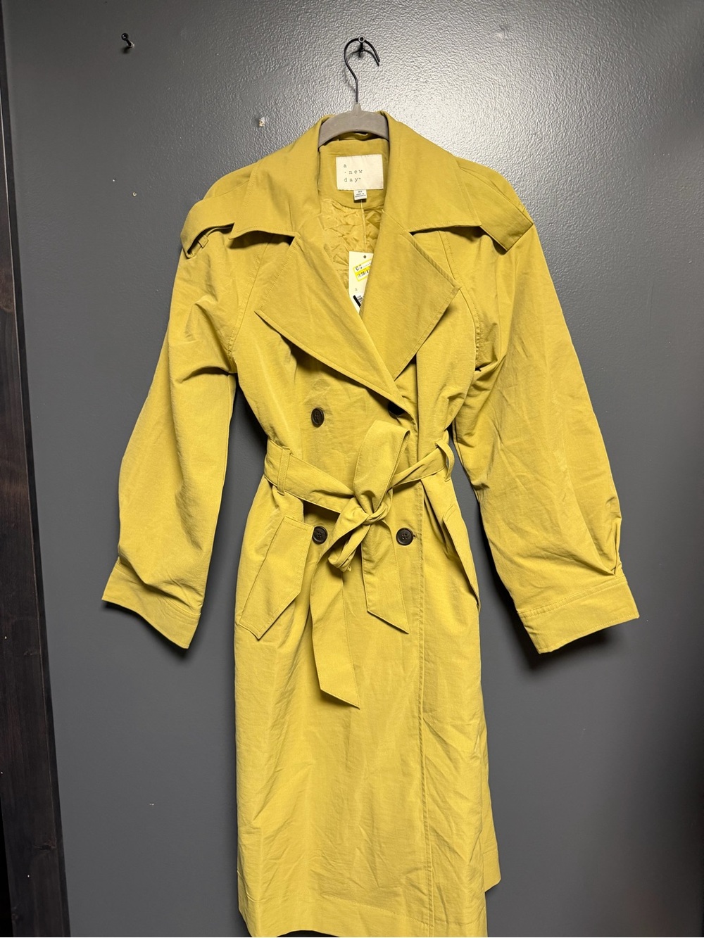 A New Day Chartreuse Belted Long Trench Coat Size XS NWT